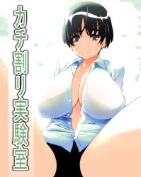 Rule 34 | ahoge, black hair, breasts, brown eyes, cleavage, dress shirt, huge breasts, light smile, open clothes, open shirt, sagging breasts, shino (comic penguin club), shirt, short hair, solo, translation request
