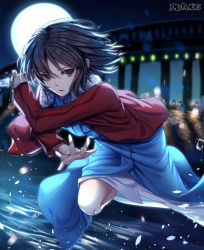 Rule 34 | 1girl, artist name, black eyes, black hair, blue kimono, blurry, bridge, commentary, cropped jacket, depth of field, floating hair, full moon, fur collar, hair between eyes, hand up, holding, holding weapon, jacket, japanese clothes, kara no kyoukai, kimono, lens flare, light, long sleeves, looking at viewer, medium hair, moon, moonlight, motion blur, night, night sky, open clothes, open jacket, outdoors, outstretched hand, parted lips, red jacket, reverse grip, roang, running, ryougi shiki, serious, sidelocks, sideways glance, sky, solo, sparkle, water, water drop, weapon