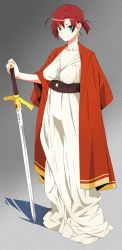 Rule 34 | 1girl, akitetsu, alternate costume, aqua eyes, belt, boudica (fate), cape, dress, earrings, covered erect nipples, fate/grand order, fate (series), full body, hand on hilt, highres, jewelry, long dress, ponytail, red cape, red hair, short hair, sword, weapon, white dress