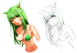 Rule 34 | 10s, 1girl, akiresu, animal ears, bare shoulders, bikini, breasts, cat ears, colorized, facial mark, final fantasy, final fantasy xiv, green bikini, green hair, lineart, long hair, looking at viewer, miqo&#039;te, navel, open mouth, simple background, slit pupils, solo, swimsuit, upper body, warrior of light (ff14), white background, yellow eyes