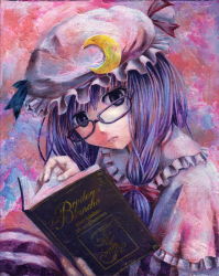 Rule 34 | 1girl, bespectacled, book, female focus, french text, glasses, hat, kabaji, long hair, oil painting (medium), painting (medium), patchouli knowledge, purple eyes, purple hair, ribbon, sitting, solo, touhou, traditional media