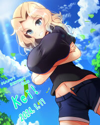 Rule 34 | 1girl, black shirt, blonde hair, blue eyes, blue shorts, blush, breasts, character name, crossed arms, dated, from below, girls und panzer, grin, happy birthday, highres, kay (girls und panzer), kumaisao, large breasts, long hair, midriff, military uniform, navel, open clothes, open shorts, outdoors, saunders military uniform, shirt, shorts, sky, smile, solo, uniform