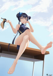 Rule 34 | 1girl, absurdres, barefoot, black hair, blue archive, blush, crossed legs, double bun, feet, grey eyes, hair bun, highres, holding, holding shoes, kisaki (blue archive), long hair, looking at viewer, parted lips, shoes, unworn shoes, single shoe, sitting, soles, toes, twintails