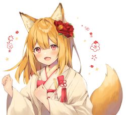 Rule 34 | 1girl, :d, animal ears, bad id, bad pixiv id, blonde hair, blush, commentary request, flower, fox ears, fox girl, fox tail, hair between eyes, hair flower, hair ornament, highres, japanese clothes, kimono, long hair, long sleeves, looking at viewer, matsusaka gyuu, miko, open clothes, open mouth, original, red eyes, red flower, simple background, smile, solo, tail, upper body, white background, white kimono, wide sleeves