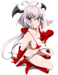 Rule 34 | 1girl, absurdres, ahoge, bikini, blush, boots, breasts, cleavage, closed mouth, demon girl, demon tail, elbow gloves, full body, gloves, heart, highres, large breasts, long hair, looking at viewer, purple eyes, red bikini, red gloves, senki zesshou symphogear, simple background, smile, solo, swimsuit, tail, tanashi (mk2), white background, white hair, wing ears, yukine chris