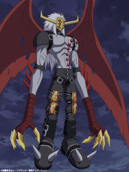 Rule 34 | 1boy, claws, copyright name, creepy, demon wings, digimon, digimon (creature), digimon adventure: (2020), highres, horned mask, horns, long hair, mask, muscular, neodevimon, night, night sky, official art, pectorals, red wings, sky, third-party edit, white hair, wings