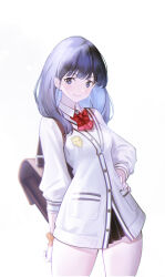 Rule 34 | 1girl, absurdres, arm behind back, black skirt, blue eyes, blue hair, breasts, brown bag, closed mouth, commentary request, cowboy shot, goguhaku, gridman universe, hand on own hip, highres, long hair, long sleeves, looking at viewer, neck ribbon, pleated skirt, red ribbon, ribbon, school uniform, scrunchie, shirt, simple background, skirt, small breasts, smile, solo, ssss.gridman, standing, takarada rikka, white background, white shirt, wrist scrunchie