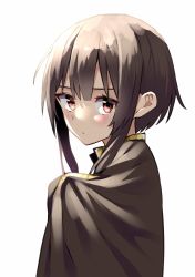 Rule 34 | 1girl, black cape, blush, brown hair, cape, commentary, expressionless, hair between eyes, highres, holding, holding cape, holding clothes, kiona (giraffe kiona), kono subarashii sekai ni shukufuku wo!, looking at viewer, looking back, megumin, red eyes, serious, short hair, simple background, solo, upper body, white background
