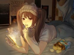 Rule 34 | 1girl, 2022, absurdres, animification, beanie, black footwear, brown eyes, calendar (object), cellphone, chinese commentary, chips (food), dong taoxiang, food, glowing, grey hat, grey shirt, haerin (newjeans), hat, heart, highres, holding, holding phone, k-pop, looking at viewer, lying, newjeans, omg (newjeans), on stomach, parted lips, phone, pom pom (clothes), potato chips, procreate (medium), real life, shirt, smartphone, solo, the pose, twintails