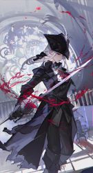 Rule 34 | 1girl, ascot, black footwear, black thighhighs, blood, blood on clothes, blood stain, bloodborne, brooch, chair, coat, hat, hat feather, highres, holding, holding sword, holding weapon, indoors, jewelry, lady maria of the astral clocktower, long hair, looking to the side, ponytail, rakuyo (bloodborne), satsuya, sidelocks, standing, sword, thighhighs, tricorne, weapon, white hair