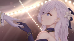 Rule 34 | 1boy, 1girl, azur lane, bare shoulders, belfast (azur lane), belfast (the noble attendant) (azur lane), braid, breasts, cleavage, commander (azur lane), dress, elbow gloves, evening gown, flower, french braid, gloves, hair behind ear, hair between eyes, hair flower, hair ornament, halter dress, halterneck, highres, long hair, looking at another, military, military uniform, naval uniform, purple eyes, purple gloves, sleeveless, sleeveless dress, string lights, uniform, white flower, white gloves, zynxy
