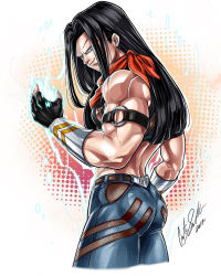 Rule 34 | 1boy, abs, android, aura, bare shoulders, black hair, blue eyes, denim, dragon ball, dragon ball gt, energy, fusion, gloves, highres, jeans, long hair, looking at viewer, male focus, multiple views, muscular, muscular arms, muscular back, muscular legs, muscular male, ornament, pants, pectorals, power, shirt, sleeveless, sleeveless shirt, smile, smirk, smug, super 17, super android 17, suspenders