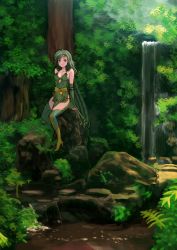 Rule 34 | 1girl, blue eyes, breasts, bridal gauntlets, cape, chienon, cleavage, detached sleeves, final fantasy, final fantasy iv, forest, green hair, green legwear, hair ornament, highres, nature, rock, rydia (ff4), water, waterfall