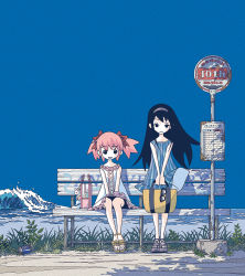 Rule 34 | 2girls, akemi homura, alternate costume, ankle strap, anniversary, bag, bare arms, bare legs, beach, bench, black eyes, black hair, blue dress, blue sky, blue theme, bus stop sign, buttons, can, center frills, character charm, character doll, charm (object), clothes lift, commentary request, copyright name, cross-laced footwear, dappled sunlight, day, dress, dress lift, drink can, flat chest, floating hair, frilled dress, frilled footwear, frills, grass, grey footwear, grey hairband, hair ribbon, hairband, happy, jitome, kaname madoka, kumeta kouji, kyubey, legs together, light smile, long hair, looking at viewer, mahou shoujo madoka magica, mahou shoujo madoka magica (anime), multiple girls, no nose, ocean, open mouth, outdoors, pink hair, plant, platform footwear, pocari sweat, red ribbon, ribbon, road sign, rust, sand, sandals, shoes, shore, short dress, side-by-side, sign, sitting, sky, sleeveless, sleeveless dress, soda can, standing, striped clothes, striped dress, sunglasses, sunlight, tareme, twintails, v arms, vertical-striped clothes, vertical-striped dress, waves, wide shot, wind, wind lift, yellow footwear