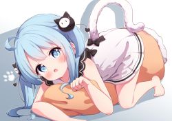 Rule 34 | 1girl, all fours, bare arms, bare shoulders, barefoot, black bow, blue eyes, blue hair, blush, body pillow, bow, cat tail, dress, hair ornament, hand up, head tilt, heart, long hair, looking at viewer, open mouth, original, paw pose, pillow, setmen, sleeveless, sleeveless dress, solo, tail, tail raised, twintails, white dress