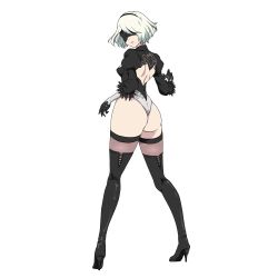 Rule 34 | 1girl, artist request, ass, bad id, bad pixiv id, black footwear, black thighhighs, blindfold, boots, breasts, closed mouth, commentary, feather trim, from behind, gloves, hairband, high heel boots, high heels, highleg, highleg leotard, leotard, lips, long sleeves, looking back, medium breasts, mole, mole under mouth, nier:automata, nier (series), puffy sleeves, short hair, simple background, thigh boots, thighhighs, thighhighs under boots, thighs, turtleneck, white background, white hair, 2b (nier:automata)