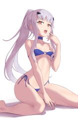Rule 34 | 1girl, bare arms, bare legs, bare shoulders, barefoot, bikini, blue bikini, blue choker, breasts, brown eyes, choker, collarbone, melusine (fate), fate/grand order, fate (series), grey hair, hair ornament, hairclip, hand up, highres, jilu, long hair, looking at viewer, medium breasts, open mouth, ponytail, shadow, side-tie bikini bottom, simple background, sitting, solo, strapless, strapless bikini, swimsuit, very long hair, wariza, white background