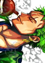 Rule 34 | 1boy, a00xm, drinking, earrings, green hair, highres, japanese clothes, jewelry, kimono, looking ahead, male focus, official alternate costume, one piece, portrait, roronoa zoro, scar, scar across eye, short hair, sideways, smile, solo