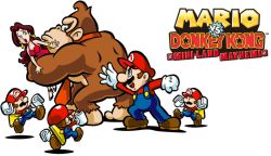 Rule 34 | 1girl, 2boys, angry, blue eyes, brown hair, clothes, donkey kong, donkey kong (series), dress, facial hair, logo, mario, mario (series), mario vs. donkey kong: mini-land mayhem!, mini mario, multiple boys, mustache, necktie, nintendo, official art, original, overalls, pauline (mario), simple background, suspenders, toy, white background