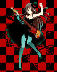 Rule 34 | 00s, 1girl, 8055, akiyama mio, asymmetrical clothes, bare shoulders, bass guitar, black hair, blue pantyhose, blunt bangs, breasts, cane, cleavage, detached sleeves, don&#039;t say &quot;lazy&quot;, dress, facepaint, gloves, grey eyes, guitar, hat, hime cut, instrument, k-on!, long hair, mini hat, mini top hat, pantyhose, plectrum, single glove, solo, striped, striped sleeve, top hat