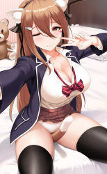 Rule 34 | 1girl, absurdres, animal ears, bad id, bad pixiv id, bed, between legs, black thighhighs, blush, breasts, brown eyes, brown hair, cat ears, cat tail, cleavage, closed mouth, collarbone, collared shirt, facial mark, fake animal ears, hair between eyes, hair ornament, hairband, hairclip, hand up, heart, heart facial mark, highres, indoors, jacket, large breasts, long sleeves, looking at viewer, miniskirt, niliu chahui, obaoba (monkeyix), on bed, one eye closed, open clothes, open jacket, original, panties, pillow, pleated skirt, red skirt, school uniform, selfie, shirt, shirt tucked in, sitting, skirt, smile, solo, stuffed animal, stuffed toy, tail, tail between legs, teddy bear, thighhighs, thighs, underwear, v, white panties, white shirt