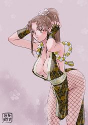 Rule 34 | 1girl, alternate color, black dress, black gloves, blush, breasts, brown eyes, brown hair, cleavage, dress, fatal fury, female focus, fishnets, gloves, gold panties, highres, kasumi jun, large breasts, leaning forward, long hair, matching hair/eyes, ninja, no bra, panties, parted bangs, parted lips, patterned clothing, pelvic curtain, ponytail, revealing clothes, shiranui mai, sideboob, snk, solo, the king of fighters, underwear