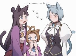 Rule 34 | 3girls, :o, ace attorney, animal ears, black hair, black skirt, black vest, blue hair, blunt bangs, brown hair, cat ears, cat tail, closed eyes, closed mouth, commentary request, covering own mouth, embarrassed, franziska von karma, grey eyes, hair ornament, hair rings, half updo, hands up, hanten (clothes), jacket, japanese clothes, jewelry, juliet sleeves, kemonomimi mode, kimono, long hair, long sleeves, looking at another, magatama, magatama necklace, maya fey, mole, mole under eye, multiple girls, necklace, open mouth, parted bangs, pearl fey, pink jacket, puffy sleeves, purple jacket, shirt, short hair, sidelocks, skirt, tail, translation request, usugi san0, vest, white kimono, white shirt
