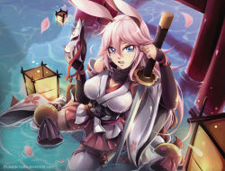 Rule 34 | 1girl, :o, animal ears, blue eyes, breasts, cleavage, fox ears, highres, holding, holding mask, holding sword, holding weapon, honkai (series), honkai impact 3rd, japanese clothes, katana, long hair, looking at viewer, mask, miko, murasaki-hoshi, open mouth, petals, pink hair, pink skirt, sitting, skirt, solo, sword, thighhighs, wariza, water, weapon, white sleeves, white thighhighs, yae sakura, yae sakura (gyakushinn miko)