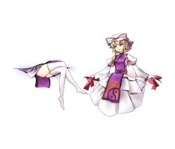 Rule 34 | 1girl, ass, bad id, bad twitter id, barefoot, blonde hair, bow, crossed legs, dress, gap (touhou), hair bow, hair ornament, hat, hat ribbon, legs, long sleeves, looking to the side, md5 mismatch, minust, mob cap, puffy sleeves, purple eyes, resized, ribbon, simple background, sitting, smile, solo, tabard, thighhighs, touhou, white background, white dress, white thighhighs, wide sleeves, yakumo yukari