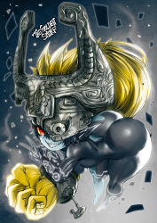 Rule 34 | 1girl, ass, bent over, blonde hair, breasts, colored sclera, demon girl, full body, grin, helmet, highres, huge ass, long hair, looking at viewer, medium breasts, midna, naughty face, nintendo, one eye covered, pointy ears, red eyes, sharp teeth, shiny skin, shortstack, smile, solo, teeth, the golden smurf, the legend of zelda, the legend of zelda: twilight princess, thick thighs, thighs, v, very long hair, wide hips, yellow sclera
