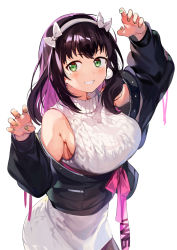 Rule 34 | 1girl, aran sweater, arm up, bare shoulders, black hair, black jacket, borrowed character, breasts, cable knit, claw pose, colored inner hair, cowboy shot, dress, green eyes, grin, hairband, hand up, highres, jacket, konbu wakame, large breasts, long hair, long sleeves, looking at viewer, mole, mole under eye, multicolored hair, nail polish, nishizaa-san, off shoulder, original, simple background, sleeveless, sleeveless sweater, smile, solo, sweater, sweater dress, turtleneck, turtleneck sweater, white background, white sweater