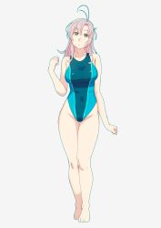 Rule 34 | 1girl, alternate costume, antenna hair, aqua one-piece swimsuit, barefoot, competition swimsuit, full body, green eyes, grey background, grey hair, hair tie, highres, kantai collection, kinugasa (kancolle), medium hair, one-piece swimsuit, short twintails, simple background, solo, standing, swimsuit, twintails, yuuji (and)
