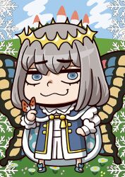 Rule 34 | 1boy, april fools, blue cape, blue eyes, blue footwear, blue sky, bug, butterfly, cape, castle, chibi, crown, fate/grand order, fate (series), grey hair, insect, looking at viewer, oberon (fate), oberon (first ascension) (fate), riyo (lyomsnpmp), sky, snowflakes, wings