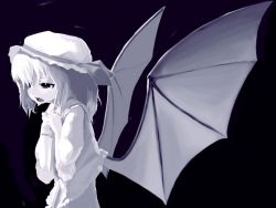 Rule 34 | 1girl, bat wings, black background, cowboy shot, female focus, from side, hat, hat ribbon, holding, knife, mob cap, monochrome, purple theme, remilia scarlet, ribbon, short hair, simple background, solo, tears, touhou, two-handed, wings, x6suke