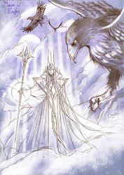 Rule 34 | 1boy, bird, closed mouth, crown, eagle, flying, holding, holding staff, kazuki-mendou, tolkien&#039;s legendarium, long sleeves, looking at viewer, male focus, manwe, one-hour drawing challenge, purple theme, robe, signature, solo, staff, the silmarillion, wide sleeves