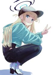Rule 34 | 1girl, 3200 (artist), absurdres, baseball cap, black hat, black pants, blonde hair, blue archive, blue eyes, blunt bangs, closed mouth, from side, full body, halo, hat, highres, hood, hood down, hooded sweater, long hair, long sleeves, looking at viewer, pants, simple background, solo, squatting, straight hair, sweater, toki (blue archive), white background, white footwear