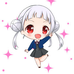 Rule 34 | 1girl, arashi chisato, artist name, artist request, bare legs, belt, blue cardigan, blue jacket, blush, bow, bowtie, breasts, brown footwear, buttons, cardigan, chibi, collared shirt, cropped jacket, double bun, dress, dress shirt, female focus, flat chest, full body, grey belt, grey shirt, grey skirt, hair bun, hair tie, jacket, long hair, long sleeves, looking at viewer, love live!, love live! superstar!!, miniskirt, neck ribbon, o-ring, o-ring belt, parted lips, plaid, plaid skirt, pleated, pleated skirt, red bow, red eyes, red ribbon, ribbon, school uniform, shirt, shoes, skirt, small breasts, smile, solo, sparkle, standing, standing on one leg, twintails, v, white background, white hair, white shirt, wing collar, yuigaoka school uniform