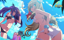 Rule 34 | 3girls, :d, adjusting clothes, adjusting swimsuit, ahoge, aqua eyes, aqua hair, armlet, armpits, artist request, ass, back, ball, beachball, bikini, blonde hair, blue sky, blush, blush stickers, body blush, bracelet, breasts, claria (divina), claris (divina), clarisse (divina), claudia (divina), cleavage, cloud, covered erect nipples, crown, day, divina, fang, flat chest, from below, hair ornament, hairpin, highres, jewelry, long hair, looking back, medium breasts, multiple girls, navel, nina (divina), hugging object, official art, official wallpaper, open mouth, outdoors, ponytail, purple eyes, purple hair, red eyes, sideboob, sky, smile, string bikini, swimsuit, thigh gap, thigh strap, thighs, twintails, underboob, wading, wallpaper, water, white bikini