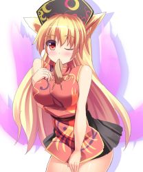Rule 34 | 1girl, aburaage, adapted costume, animal ears, bare shoulders, black dress, blonde hair, blush, breast suppress, breasts, chinese clothes, crescent, dress, food, fox ears, fox tail, hat, highres, junko (touhou), kemonomimi mode, large breasts, leaning forward, liya, long hair, looking at viewer, miniskirt, multiple tails, one-hour drawing challenge, one eye closed, red eyes, sash, short dress, skirt, sleeveless, sleeveless dress, solo, tabard, tail, touhou, very long hair