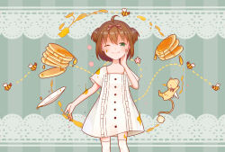 Rule 34 | 1girl, ahoge, animal, bee, brown hair, bug, buttons, cardcaptor sakura, cerberus, closed mouth, commentary, creature, dotted line, double bun, dress, floating, floating object, flower, flower (symbol), flying, food, food on face, frilled dress, frills, green eyes, grey background, hair between eyes, hair bun, hair ribbon, hand on own cheek, hand on own face, heart, highres, honey, insect, inuinu-s, kerberos, kinomoto sakura, kneehighs, lace trim, liquid, long tail, looking at viewer, one eye closed, open mouth, pancake, pancake stack, pink flower, plate, ribbon, short hair, short sleeves, socks, stained clothes, striped, striped background, symbol-only commentary, tail, two-tone background, two side up, vertical stripes, white dress, white socks