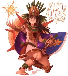 Rule 34 | &gt;:), 1girl, adapted costume, asymmetrical legwear, aztec, aztec glyphs, barefoot, black hair, blue cape, bracelet, bracer, buckler, cape, clothing cutout, commentary, copyright name, dress, facepaint, feathers, full body, grey eyes, headgear, highres, jewelry, knee pads, long hair, mefomefo, necklace, no wings, reiuji utsuho, sash, shield, side cutout, simple background, sleeveless, smile, solo, space print, starry sky print, sun, third eye, touhou, translation request, uneven legwear, v-shaped eyebrows, white background, white dress