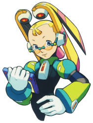 Rule 34 | 1girl, android, bespectacled, blonde hair, blue eyes, bodysuit, capcom, drawing tablet, flat chest, glasses, gloves, hair ornament, hand on own hip, holding, light smile, long hair, looking at viewer, mega man (series), mega man x8, mega man x (series), official art, pallette (mega man), rimless eyewear, robot ears, simple background, smile, solo, twintails, upper body, white background, yoshikawa tatsuya