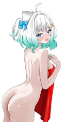 1girl aqua_hair ass blue_eyes blush breasts from_behind ghost_girl gradient_hair hair_ornament highres indie_virtual_youtuber ivan_ramirez looking_at_viewer looking_back maid medium_breasts mint_fantome mint_fantome_(minto_2.0) mole mole_on_ass multicolored_hair nude shiny_skin short_hair simple_background solo standing triangular_headpiece virtual_youtuber white_background x_hair_ornament