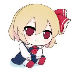 Rule 34 | 1girl, ascot, black skirt, black vest, blonde hair, bow, chibi, collared shirt, fumo (doll), hair bow, hair ornament, light blush, looking at viewer, on ground, red ascot, red bow, red eyes, rei (tonbo0430), rumia, shirt, short hair, skirt, skirt set, smile, solo, tagme, touhou, vest, white background, white shirt