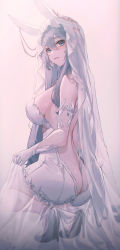 Rule 34 | 1girl, absurdres, ass, azur lane, back, backless dress, backless outfit, bare back, blue hair, breasts, bridal veil, butt crack, domi (hongsung0819), dress, elbow gloves, from behind, gloves, hair between eyes, high heels, highres, long hair, looking back, new jersey (azur lane), new jersey (snow-white ceremony) (azur lane), official alternate costume, sideboob, solo, veil, wedding dress, white gloves