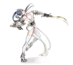 Rule 34 | 1girl, arched back, ass, breasts, closed mouth, dress, frills, from side, full body, gauntlets, grey eyes, grey hair, halterneck, holding, holding sword, holding weapon, long hair, long legs, looking at viewer, looking back, medium breasts, original, ponytail, scimitar, shield, smile, solo, sword, thighhighs, tsukino wagamo, turtleneck, twisted torso, weapon, white dress, white thighhighs