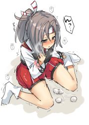 Rule 34 | 10s, 1girl, blush, brown hair, cassandra (seishun katsu sando), egg, egg laying, hair ribbon, hand on own chest, japanese clothes, kantai collection, long hair, muneate, ponytail, pussy juice, ribbon, simple background, sitting, solo, spread legs, trembling, wariza, white background, zuihou (kancolle)