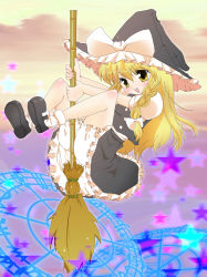 Rule 34 | 1girl, blonde hair, bloomers, braid, broom, broom riding, female focus, full body, gradient background, hat, highres, kirisame marisa, magic circle, mikiharu, outdoors, ribbon, skirt, sky, solo, star (symbol), touhou, underwear, white bloomers, witch, witch hat, yellow eyes