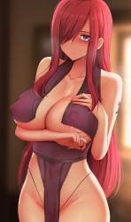 Rule 34 | 1girl, arm tattoo, arm under breasts, blush, breasts, collarbone, covered erect nipples, covered navel, erza scarlet, fairy tail, female focus, full-face blush, ginhaha, groin, hair over one eye, highres, lactation, lactation through clothes, large breasts, long hair, looking at viewer, parted lips, pelvic curtain, red hair, revealing clothes, solo, standing, straight hair, sweat, tattoo, thong, very long hair