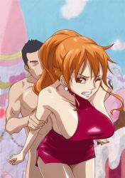 Rule 34 | 1girl, arm grab, armpits, bare arms, bare shoulders, blurry, blurry background, breasts, brown eyes, clenched teeth, clothed female nude male, detached collar, dress, earrings, halterneck, high ponytail, highres, jewelry, kyabakurabakufu, large breasts, legs, long hair, looking at viewer, nami (one piece), nude, one eye closed, one piece, orange hair, ponytail, red dress, revealing clothes, sex, standing, strapless, tattoo, teeth, thighs, vaginal
